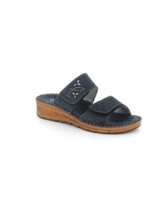 Grunland Ciabatta Comfort Cucita 2 Velcro Tutto Pelle Blu