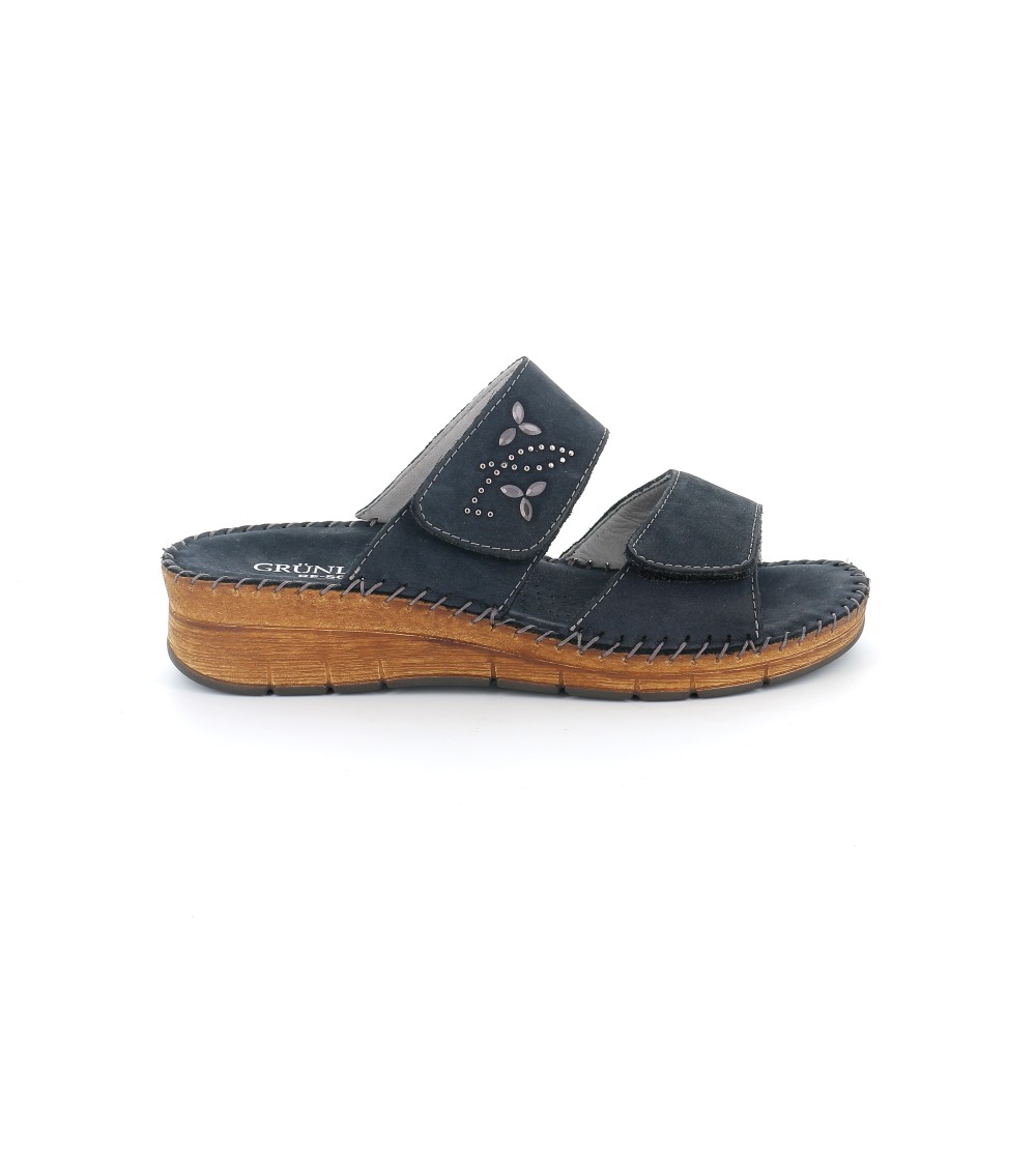 Grunland Ciabatta Comfort Cucita 2 Velcro Tutto Pelle Blu