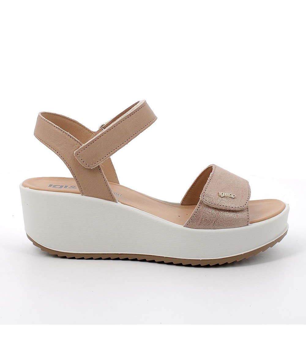IGI &Co Sandalo Zeppa Fascia Velcro Braccialetto Velcro Beige
