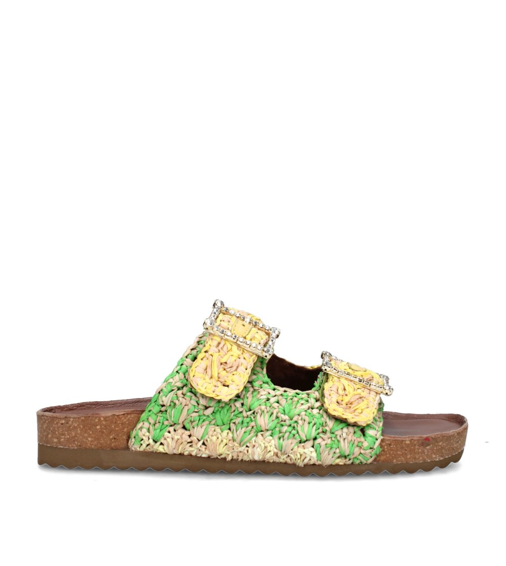 Ekp Ciabatta Arizona Doppia Fibbia Strass Rafia Verde Giallo