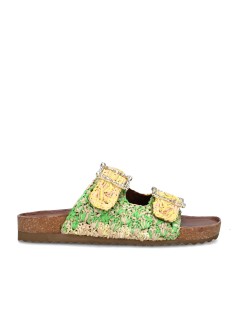 Ekp Ciabatta Arizona Doppia Fibbia Strass Rafia Verde Giallo