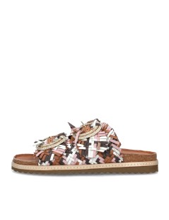 Ekp Ciabatta Doppia Fascia Intrecci Spilla Strass Fibbia Multi Cuoio