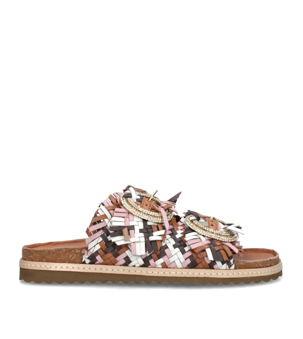 Ekp Ciabatta Doppia Fascia Intrecci Spilla Strass Fibbia Multi Cuoio