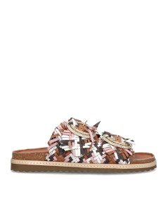 Ekp Ciabatta Doppia Fascia Intrecci Spilla Strass Fibbia Multi Cuoio