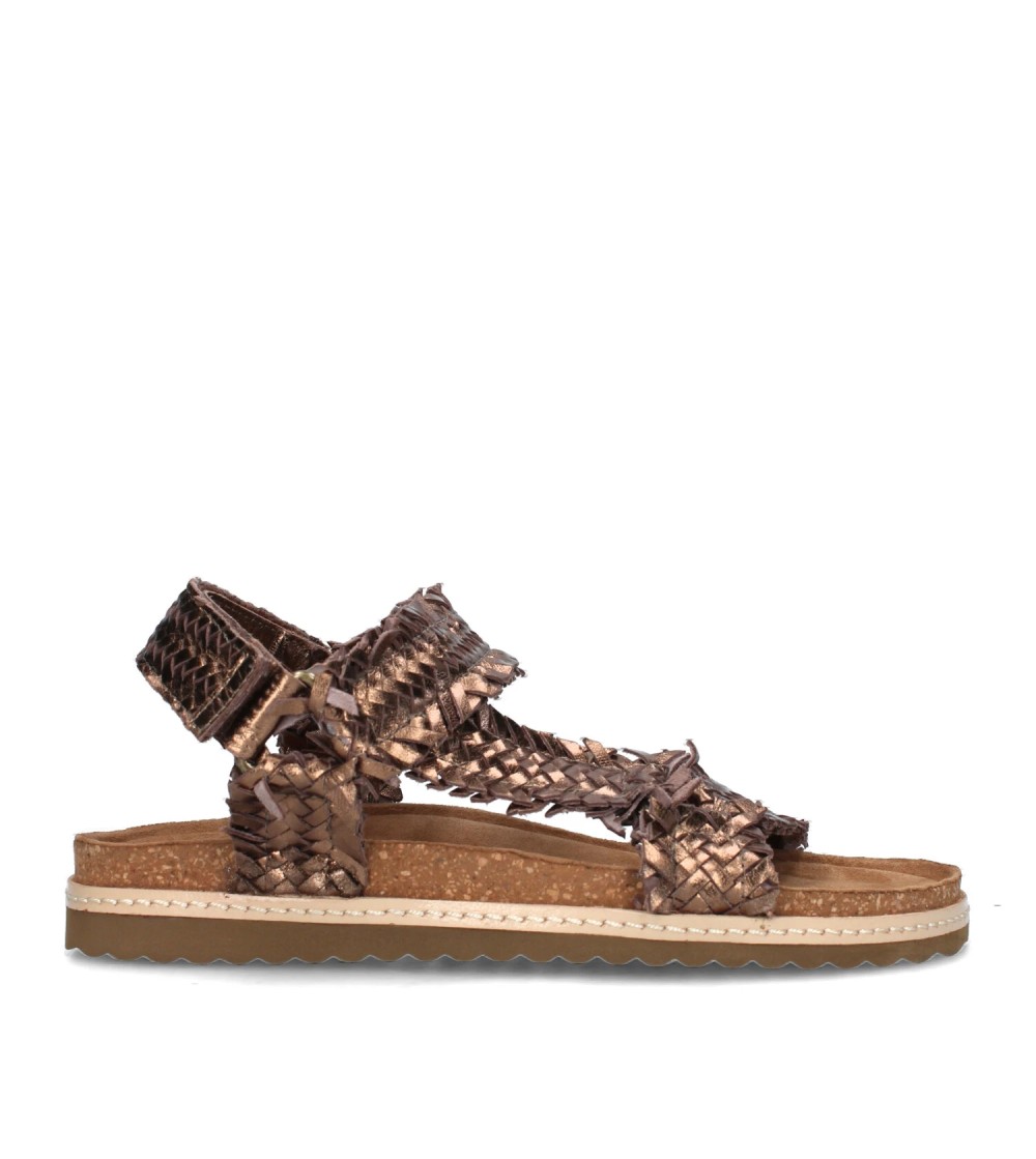 Ekp Sandalo Intrecciato Fascia Trasversale Velcro Laminato Bronzo