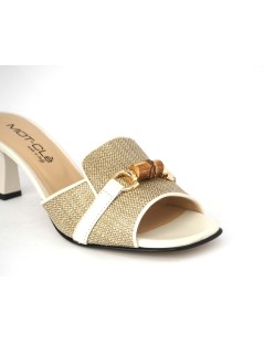 MOT-Clè Ciabattina Tacco Medio Morsetto Rafia Pelle Avorio