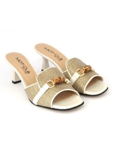 MOT-Clè Ciabattina Tacco Medio Morsetto Rafia Pelle Avorio