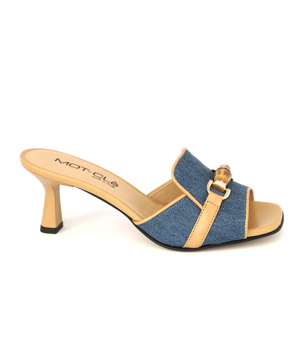 MOT-Clè Ciabattina Tacco Medio Morsetto Jeans Pelle Cognac