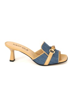 MOT-Clè Ciabattina Tacco Medio Morsetto Jeans Pelle Cognac