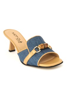 MOT-Clè Ciabattina Tacco Medio Morsetto Jeans Pelle Cognac