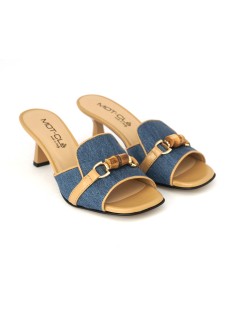 MOT-Clè Ciabattina Tacco Medio Morsetto Jeans Pelle Cognac