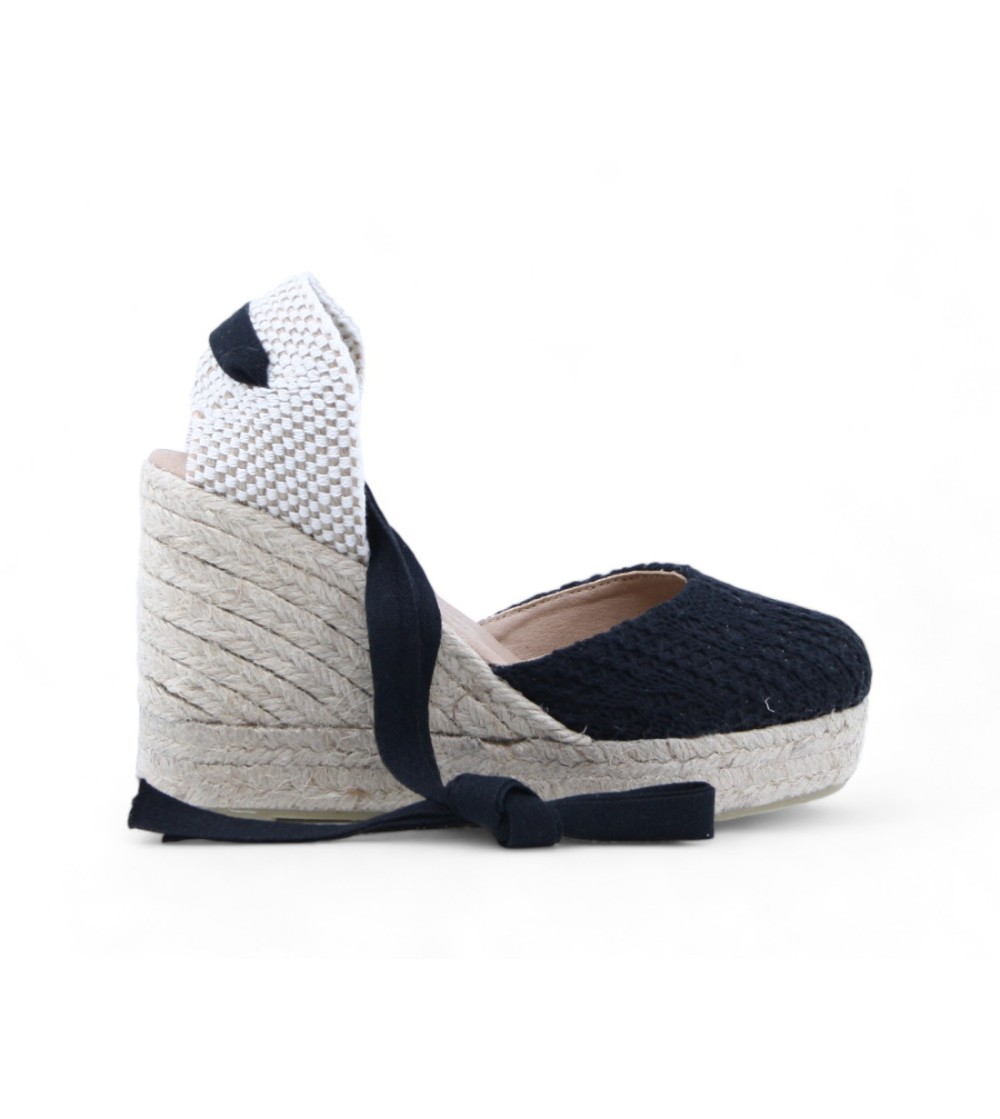 Raquel Perez Sandalo Espadrillas Corda Tallone Semichiuso Nastri Nero