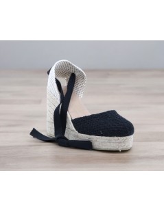 Raquel Perez Sandalo Espadrillas Corda Tallone Semichiuso Nastri Nero