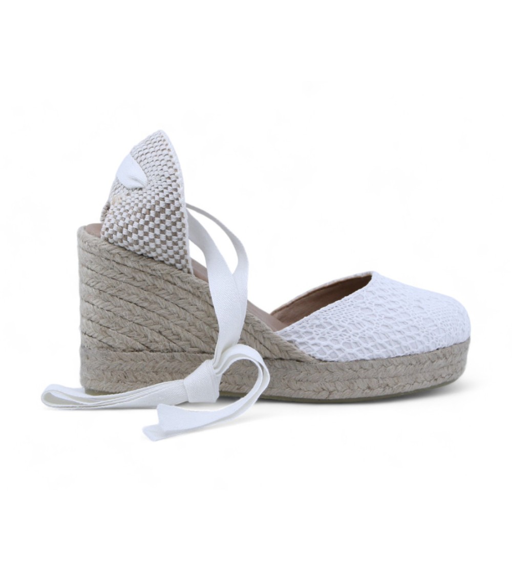 Raquel Perez Sandalo Espadrillas Corda Tallone Semichiuso Nastri Bianco