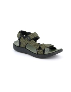 Grunland Sandalo Uomo Sport Gomma Tessuto 3 Velcro Nero Kaki