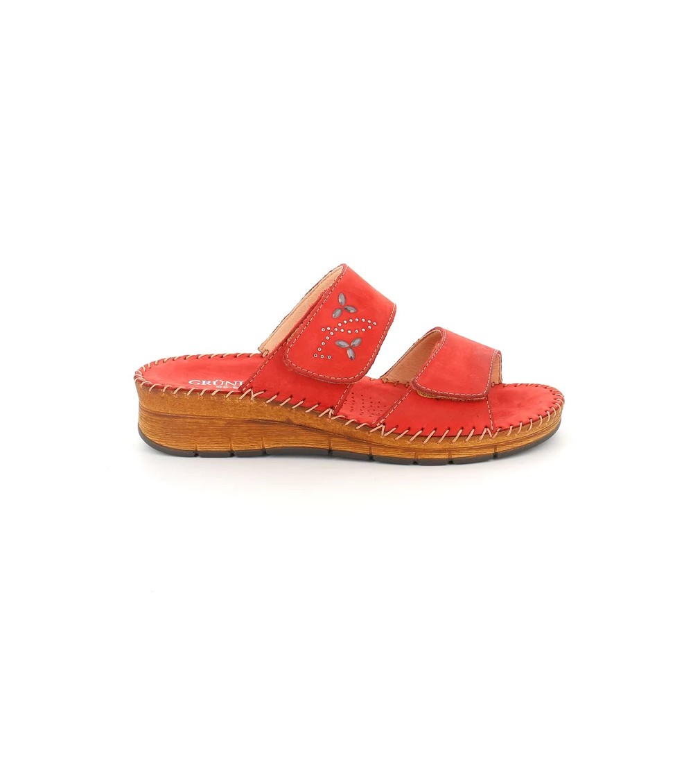 Grunland Ciabatta Comfort Cucita 2 Velcro Tutto Pelle Rosso