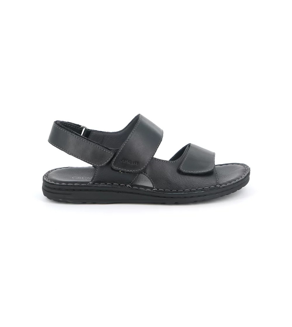Grunland Sandalo Uomo Cucito Tutto Pelle 3 Velcro Nero