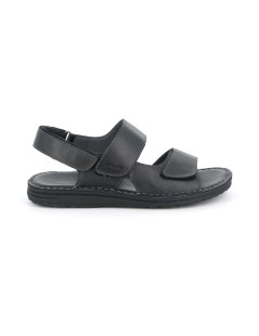 Grunland Sandalo Uomo Cucito Tutto Pelle 3 Velcro Nero