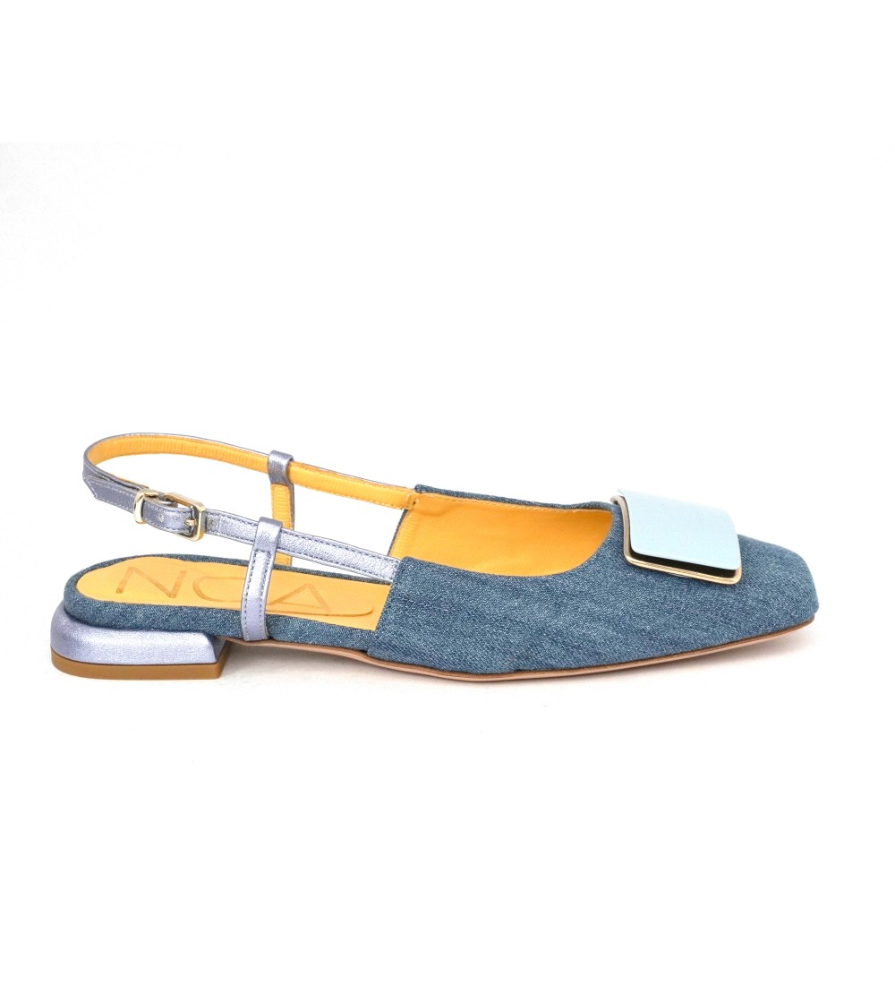 Noa Slingback Squadrata Tacco Basso Accessorio Cielo Jeans