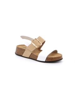 Grunland Sandalo Zeppa Doppia Fascia Velcro Braccialetto Beige Bianco
