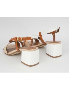 Donna Serena Sandalo Tacco Medio Incrocio Multicolor Bianco Cognac