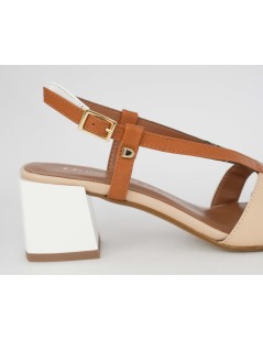 Donna Serena Sandalo Tacco Medio Incrocio Multicolor Bianco Cognac