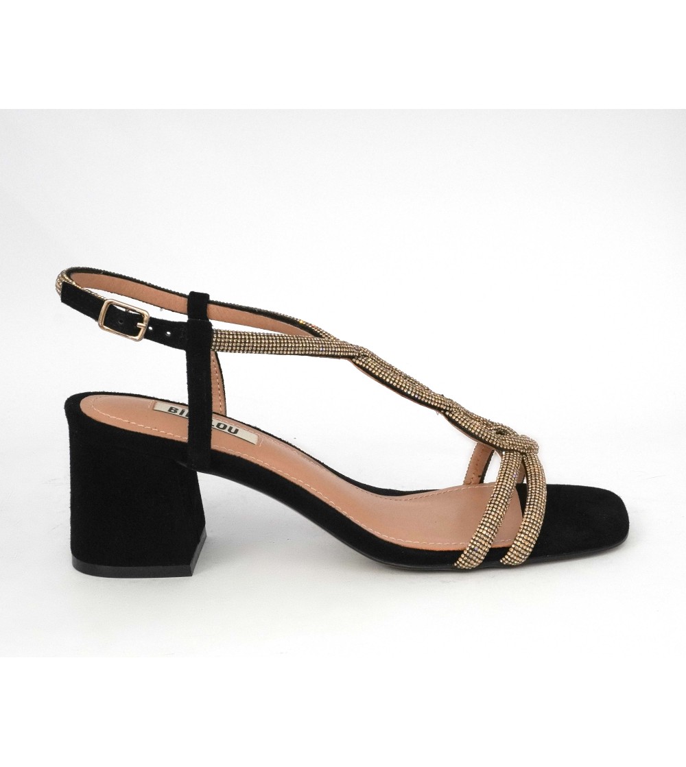 Bibi Lou Sandalo Medio Intreccio Strass Camoscio Nero Bronzo