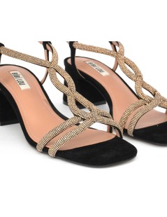 Bibi Lou Sandalo Medio Intreccio Strass Camoscio Nero Bronzo