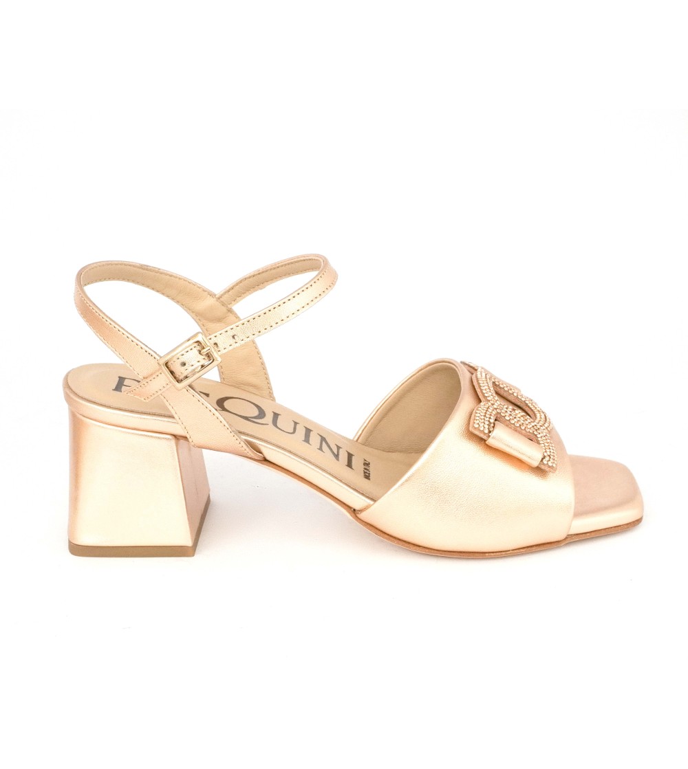 Pasquini Sandalo Tacco Medio Gioiello Strass Laminato Rame