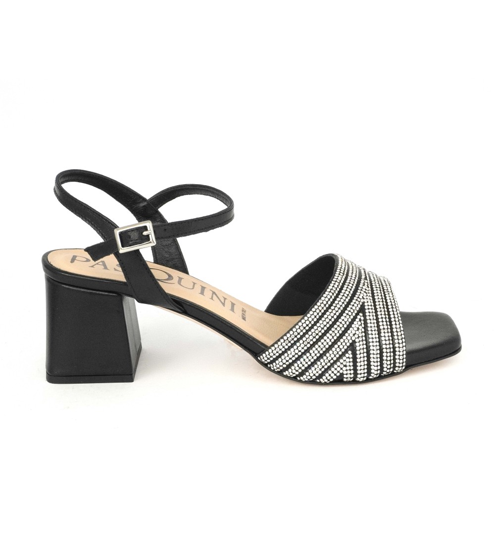 Pasquini Sandalo Tacco Medio Gioiello Strass Pelle Nero