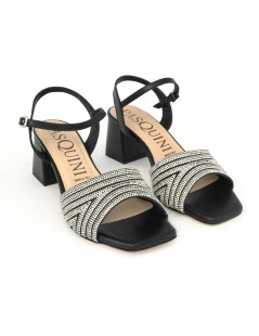 Pasquini Sandalo Tacco Medio Gioiello Strass Pelle Nero