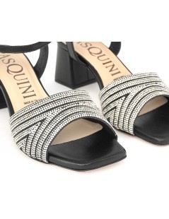 Pasquini Sandalo Tacco Medio Gioiello Strass Pelle Nero