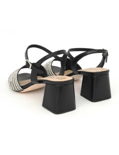 Pasquini Sandalo Tacco Medio Gioiello Strass Pelle Nero