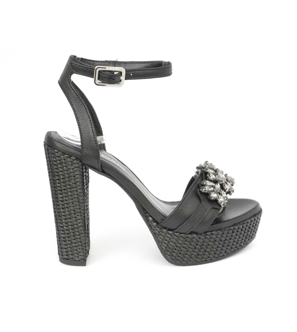 Lorenzo Mari Sandalo Tacco Alto Plateau Braccialetto Rafia Nero