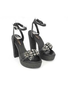 Lorenzo Mari Sandalo Tacco Alto Plateau Braccialetto Rafia Nero