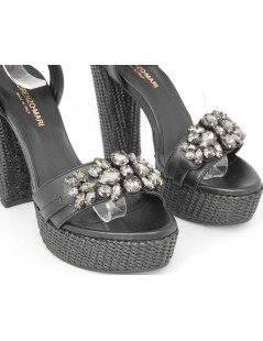 Lorenzo Mari Sandalo Tacco Alto Plateau Braccialetto Rafia Nero