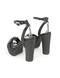 Lorenzo Mari Sandalo Tacco Alto Plateau Braccialetto Rafia Nero
