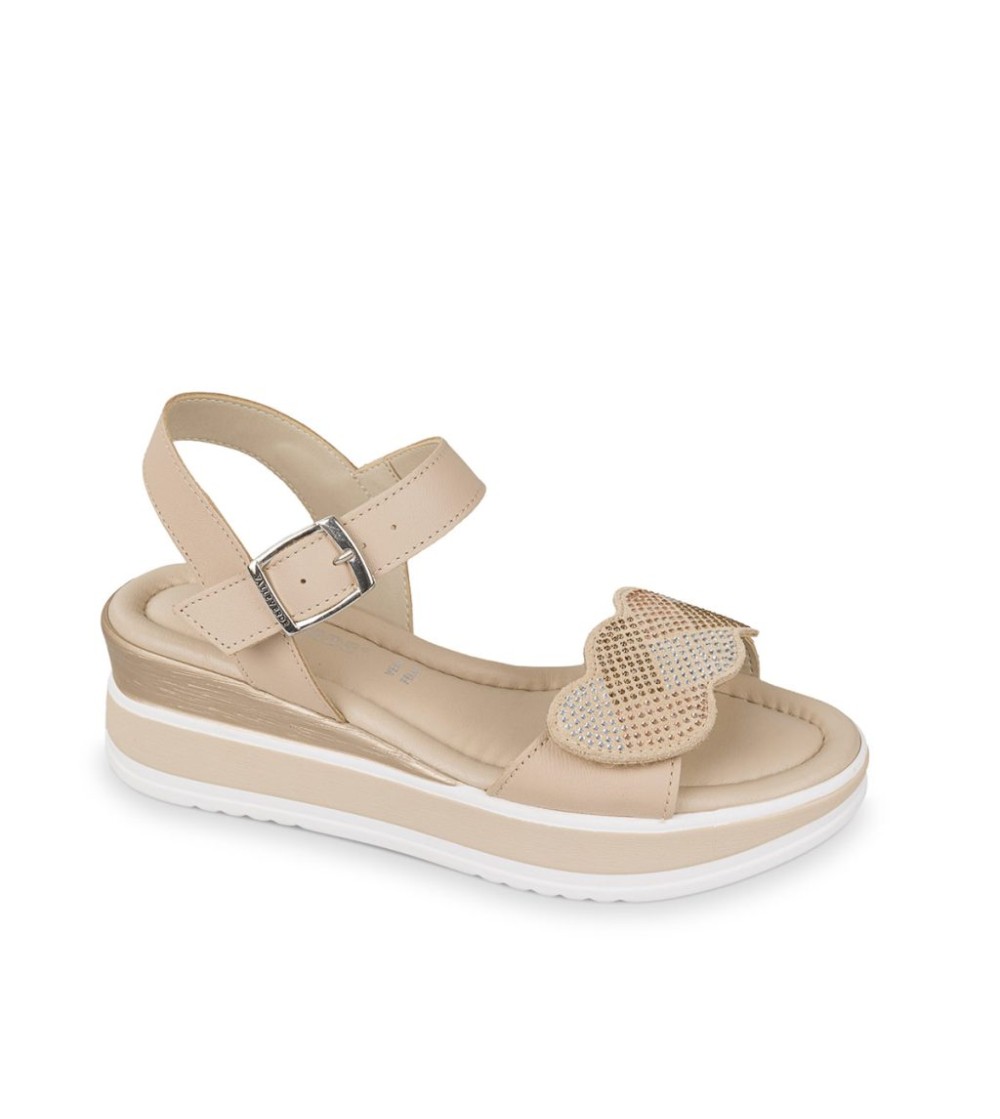 Valleverde Sandalo Zeppa Bicolor Velcro Strass Fibbia Beige