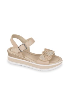 Valleverde Sandalo Zeppa Bicolor Velcro Strass Fibbia Beige