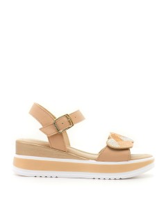 Valleverde Sandalo Zeppa Bicolor Velcro Strass Fibbia Beige