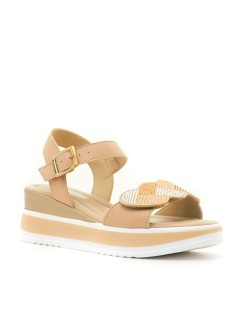 Valleverde Sandalo Zeppa Bicolor Velcro Strass Fibbia Beige