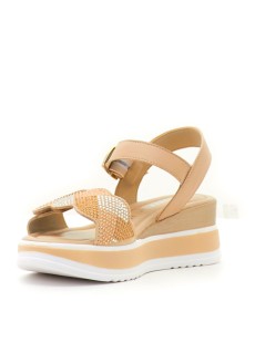 Valleverde Sandalo Zeppa Bicolor Velcro Strass Fibbia Beige