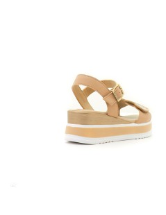 Valleverde Sandalo Zeppa Bicolor Velcro Strass Fibbia Beige