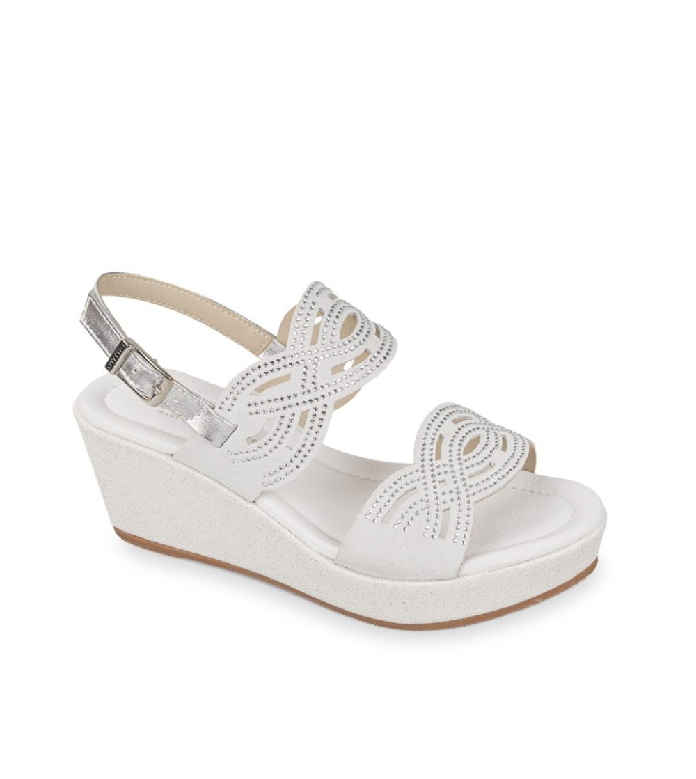 Valleverde Sandalo Zeppa Brillanti Fasce Tagli Strass Fibbia Bianco Argento