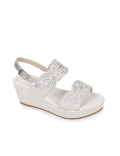Valleverde Sandalo Zeppa Brillanti Fasce Tagli Strass Fibbia Bianco Argento