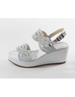 Valleverde Sandalo Zeppa Brillanti Fasce Tagli Strass Fibbia Bianco Argento