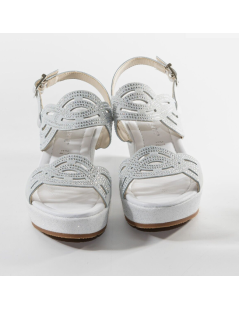 Valleverde Sandalo Zeppa Brillanti Fasce Tagli Strass Fibbia Bianco Argento