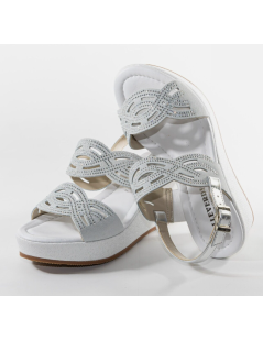 Valleverde Sandalo Zeppa Brillanti Fasce Tagli Strass Fibbia Bianco Argento