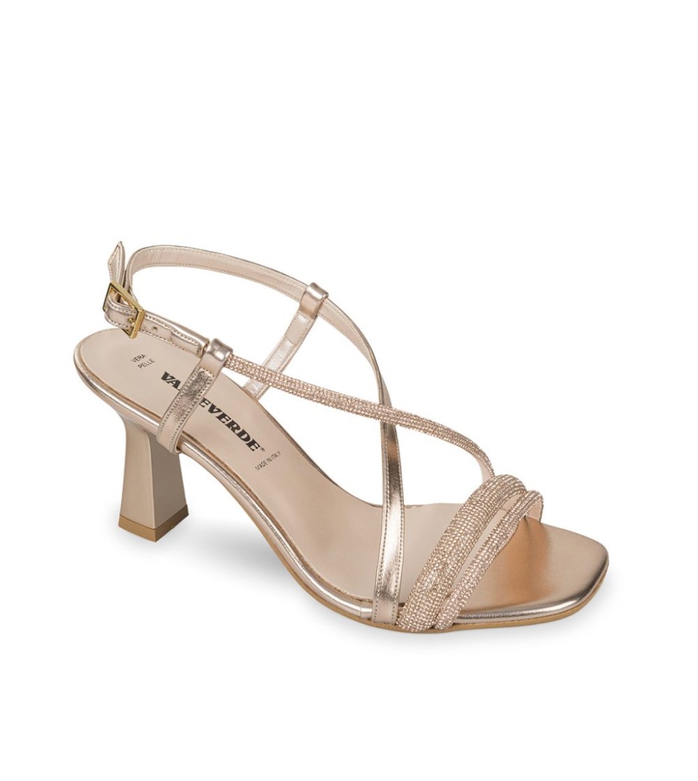 Valleverde Sandalo Elegante Tacco Medio Incrocio Strass Laminato Rosa