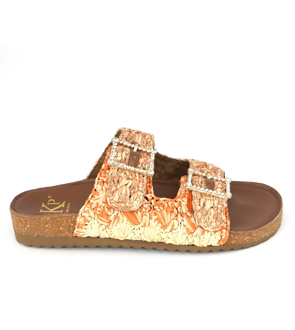 Ekp Ciabatta Arizona Doppia Fibbia Strass Rafia Arancio Marrone